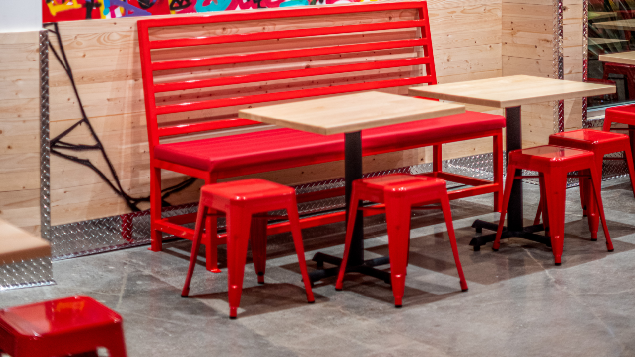 Close up of seating options at our Dave's Hot Chicken Restaurant in Costa Mesa.