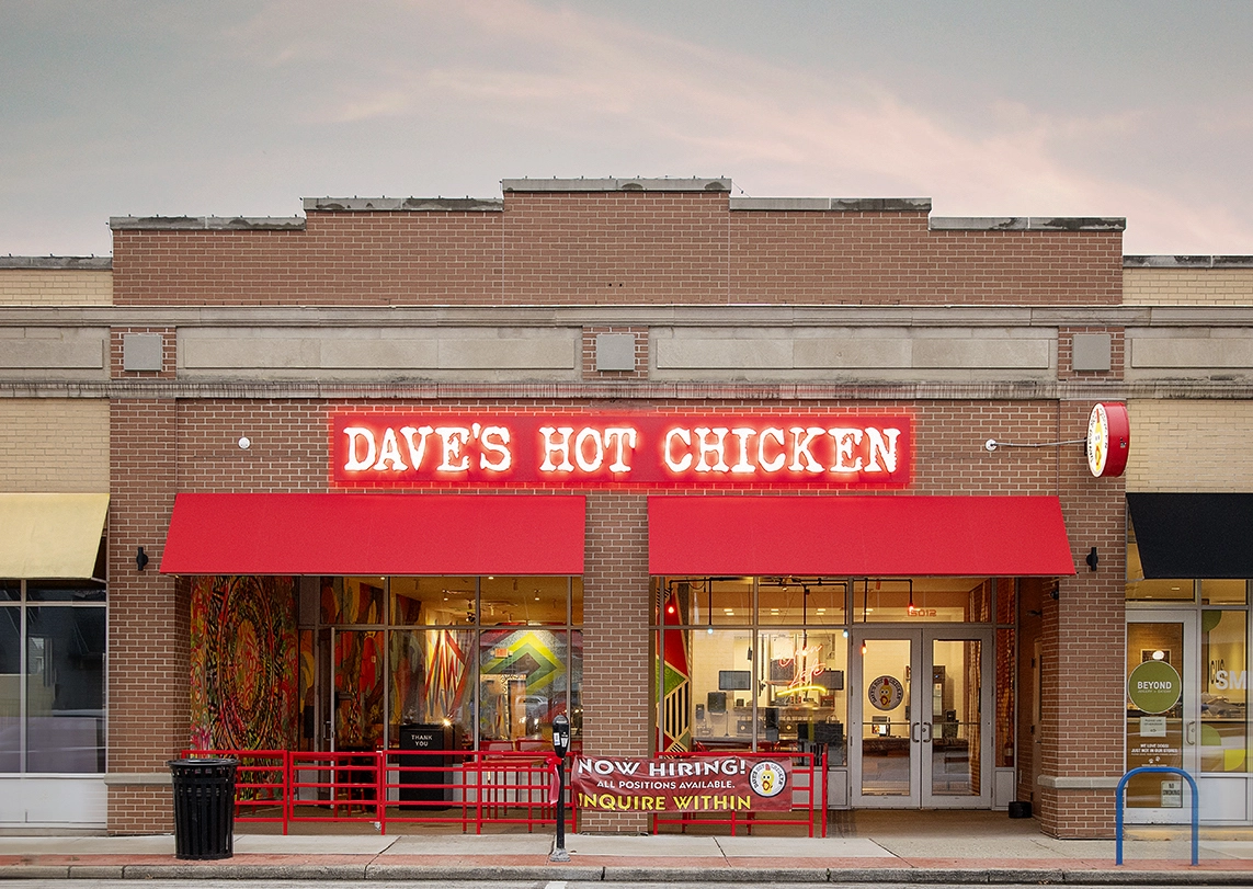Exterior photo of Dave's Hot Chicken, a spicy chicken sandwich restaurant on on Detroit Avenue in Lakewood, Ohio.