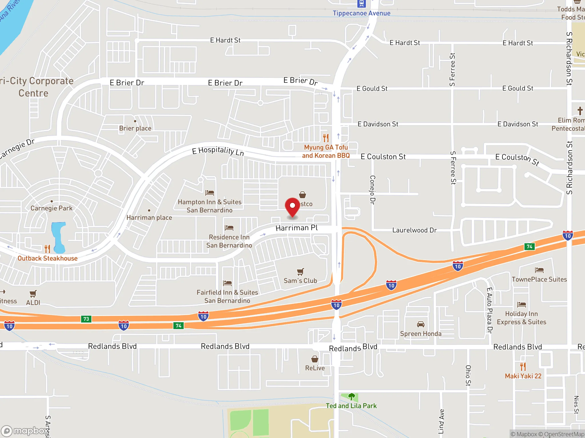 Map of Daves Hot Chicken in San Bernardino, California.