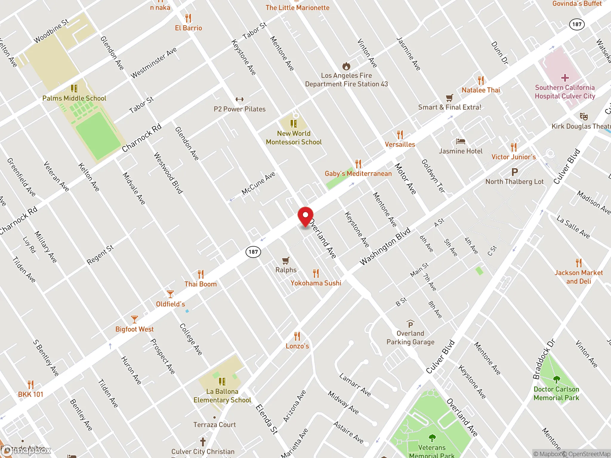 Map showing location of Dave's Hot Chicken restaurant in Culver City, California.