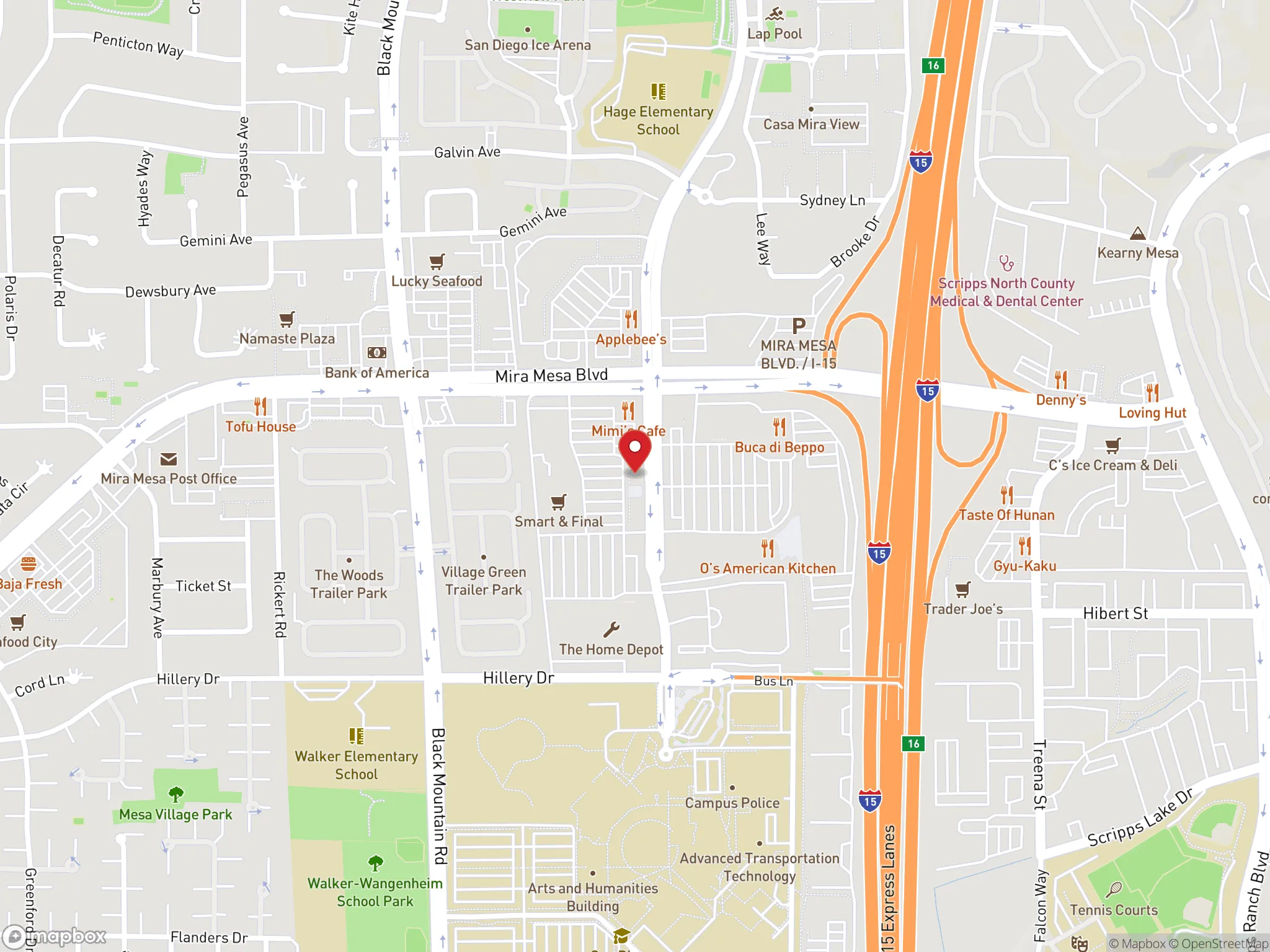 Map showing location of Dave's Hot Chicken restaurant on Westview Parkway in San Diego, California.