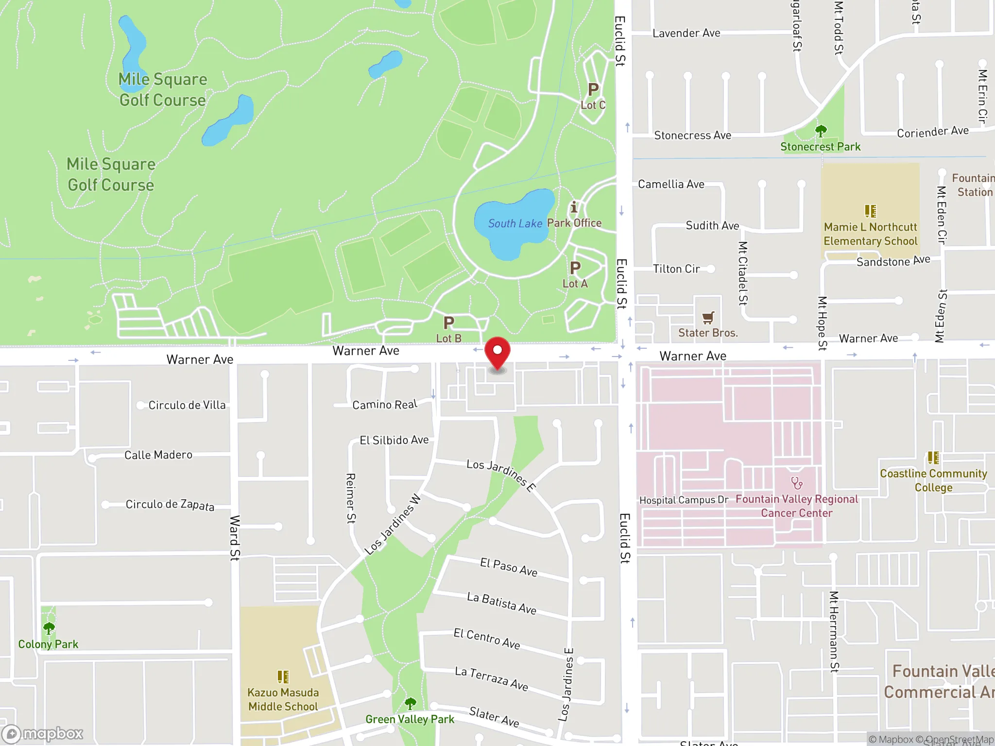 Map showing the location of Dave's Hot Chicken on Warner Avenue in Fountain Valley, CA