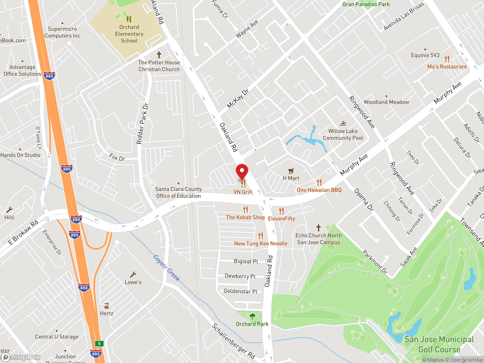 Map showing location of Dave's Hot Chicken restaurant on Brokaw Road in San Jose, California.
