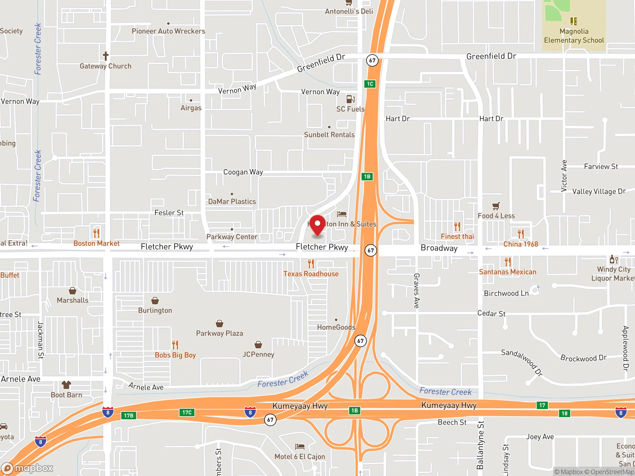 Map showing location of Dave's Hot Chicken restaurant in El Cajon, California.