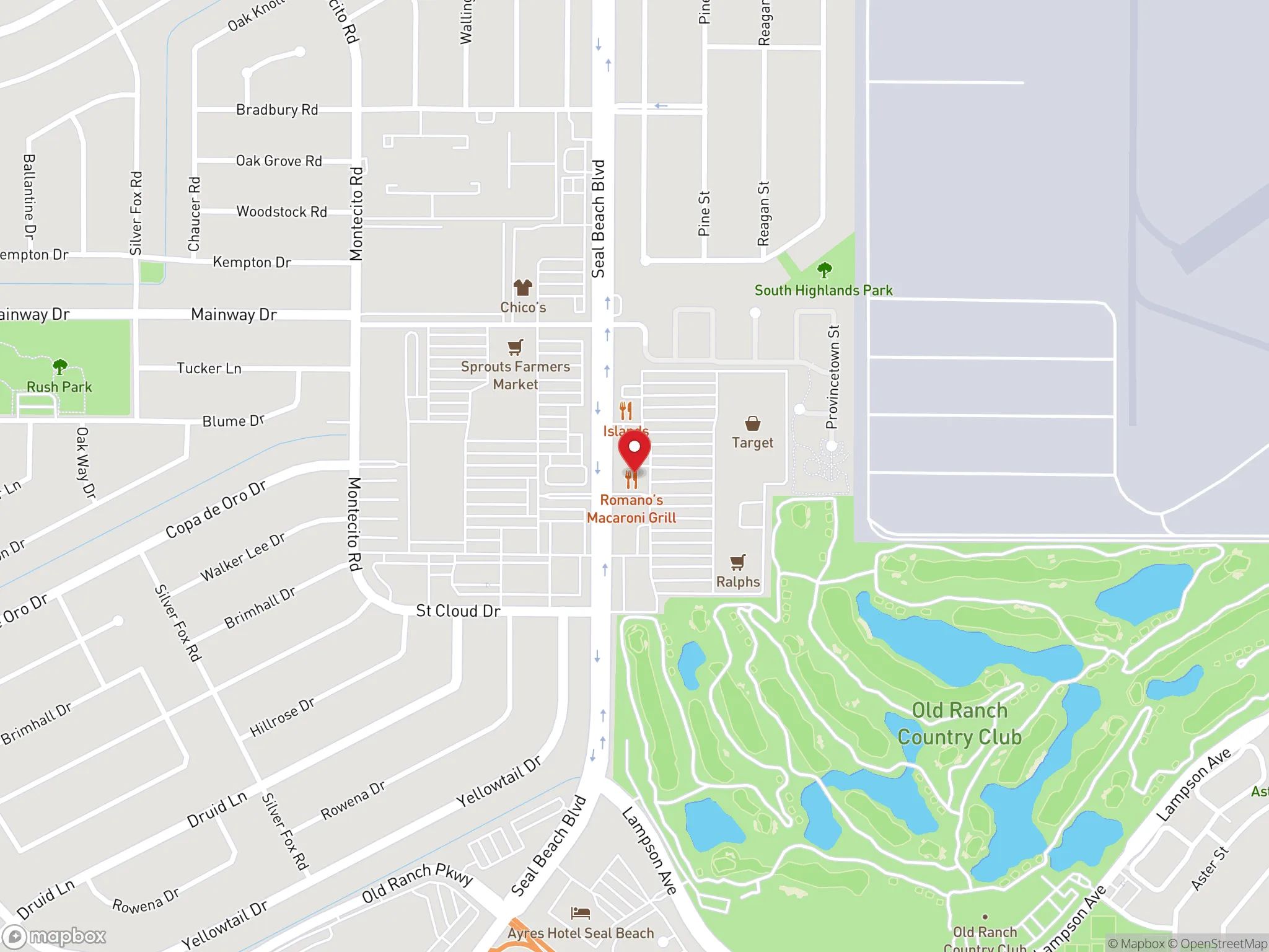 Map showing location of Dave's Hot Chicken restaurant in Seal Beach, California.