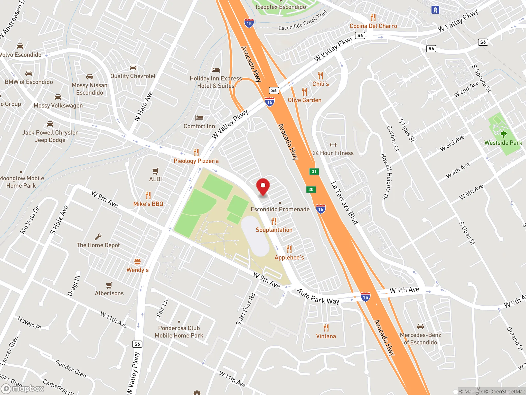 Map showing location of Dave's Hot Chicken restaurant in Escondido, California.