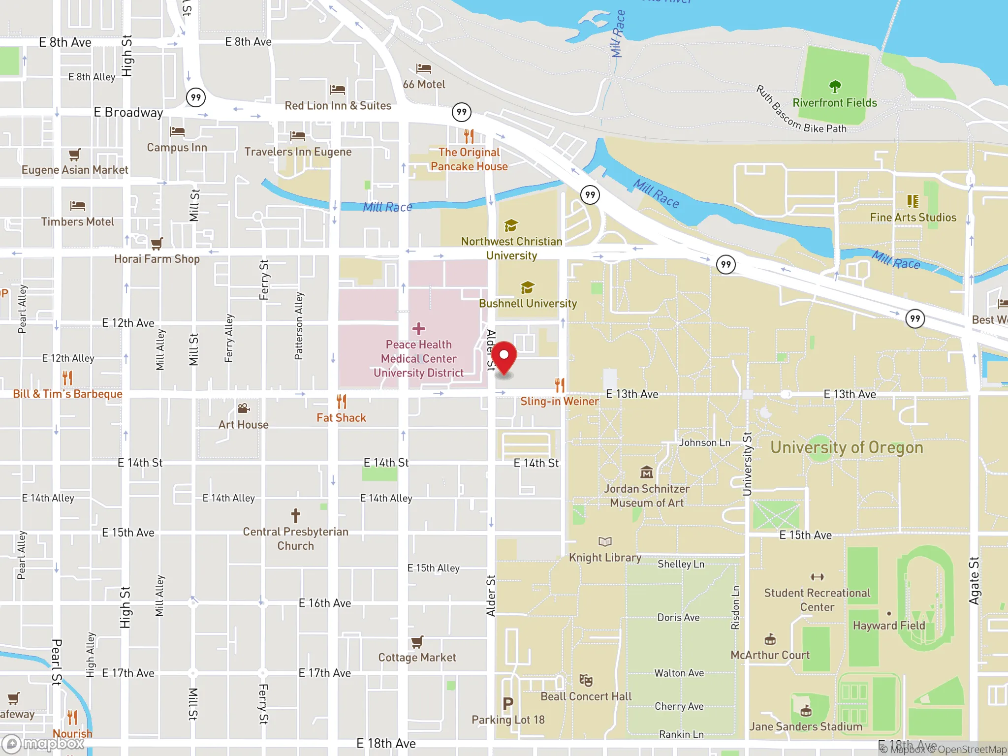 Map showing the location of a Dave's Hot Chicken restaurant on Alder Street on Eugene, Oregon.