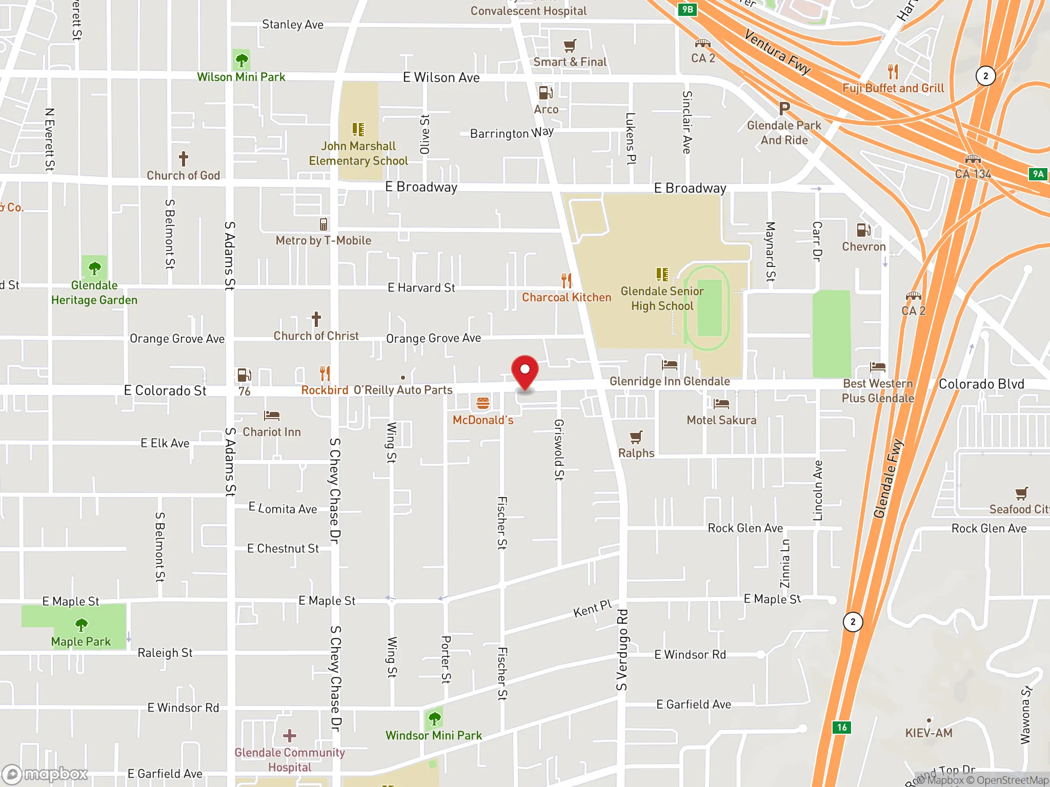 Map showing the location of Dave's Hot Chicken on Colorado Street in Glendale, CA