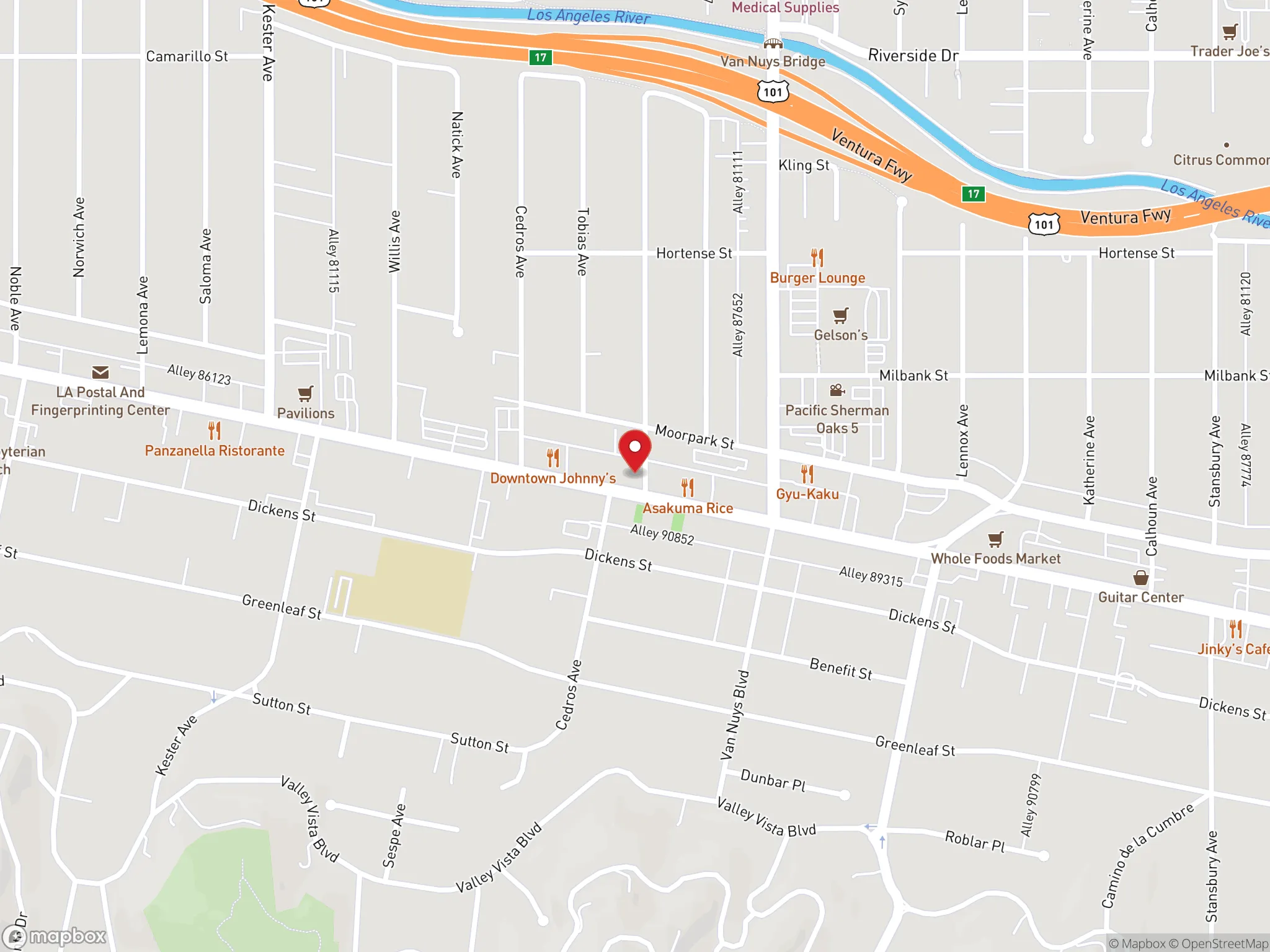 Map showing location of Dave's Hot Chicken restaurant in Sherman Oaks, California.