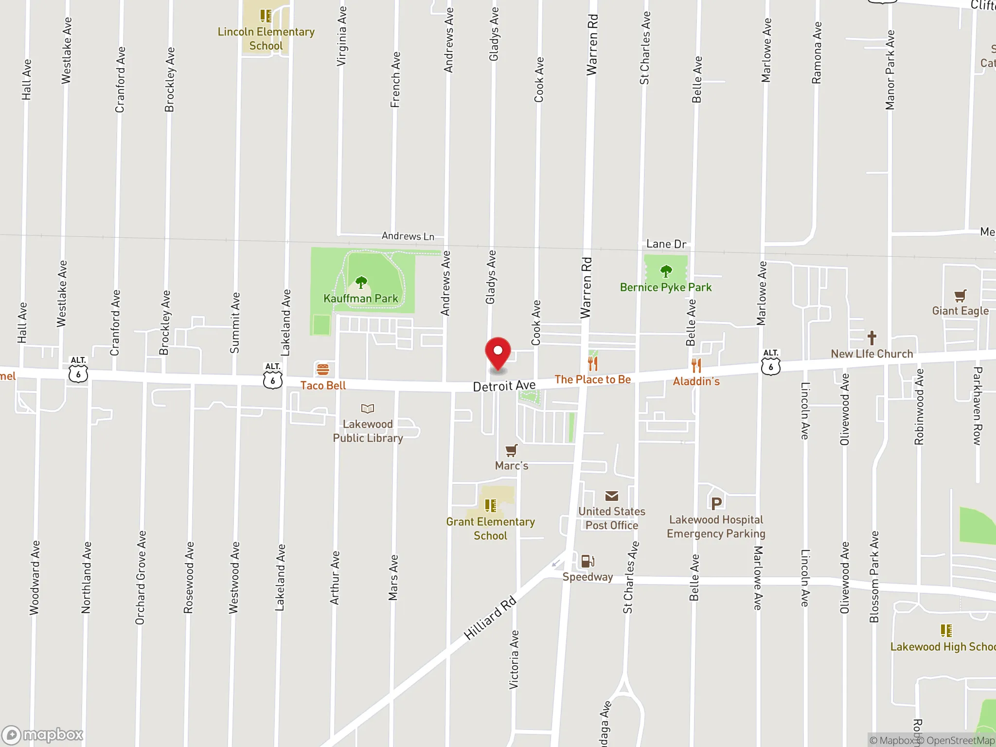 Map showing location of a Dave's Hot Chicken restaurant on Detroit Avenue in Lakewood, Ohio.