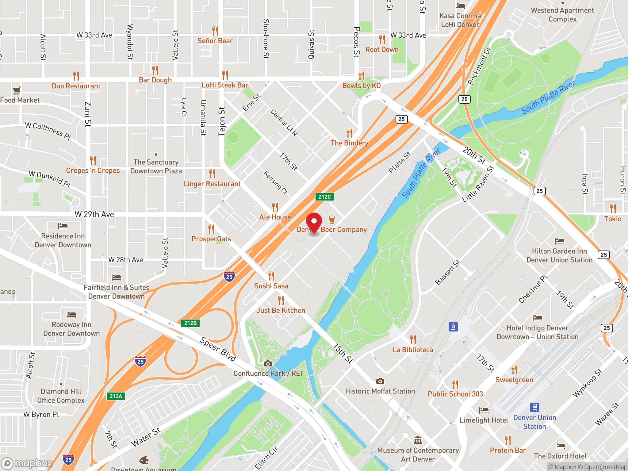 Map showing the location of a Dave's Hot Chicken restaurant on Platte Street in Denver.