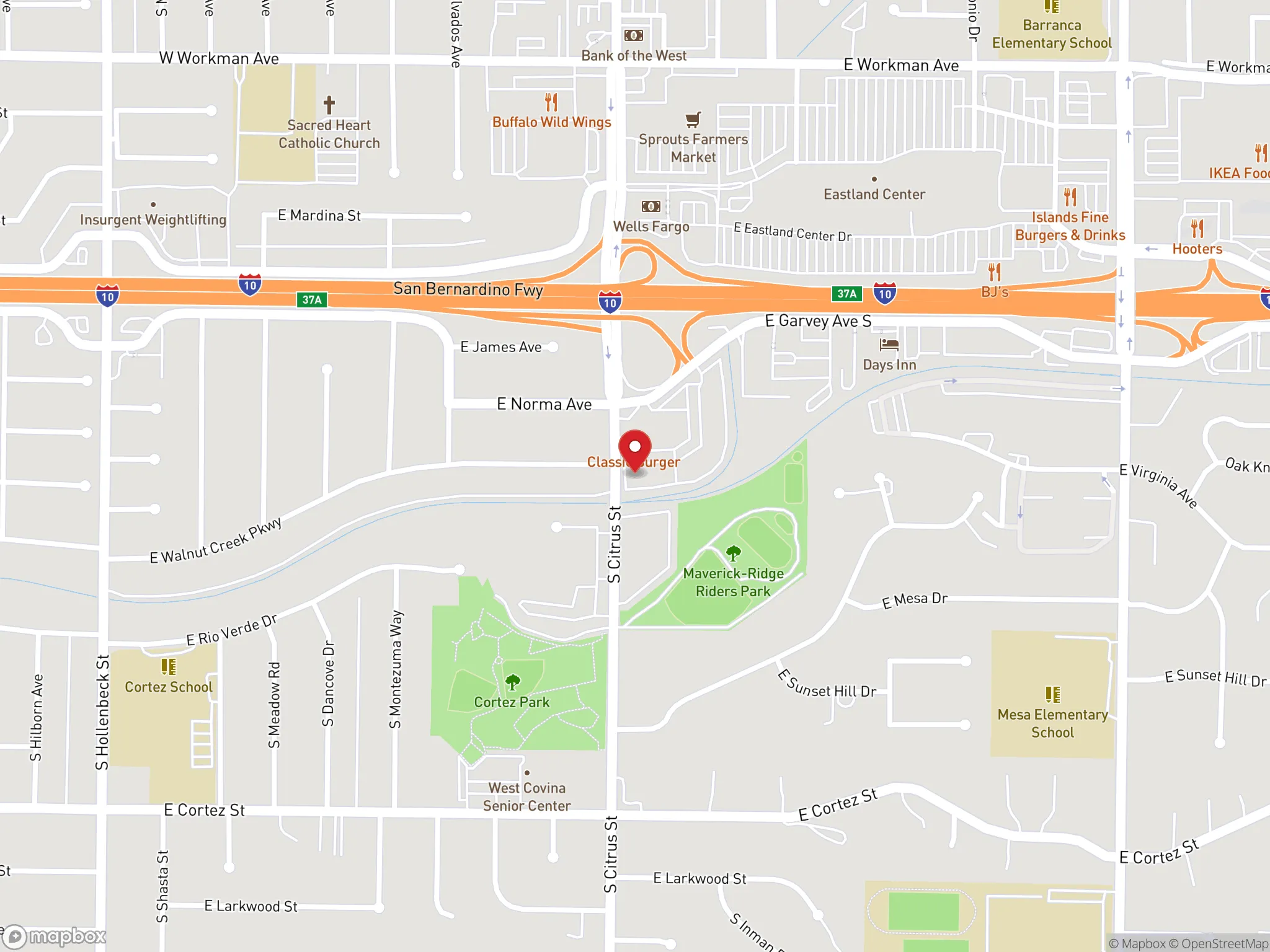 Map showing location of Dave's Hot Chicken restaurant in West Covina, California.