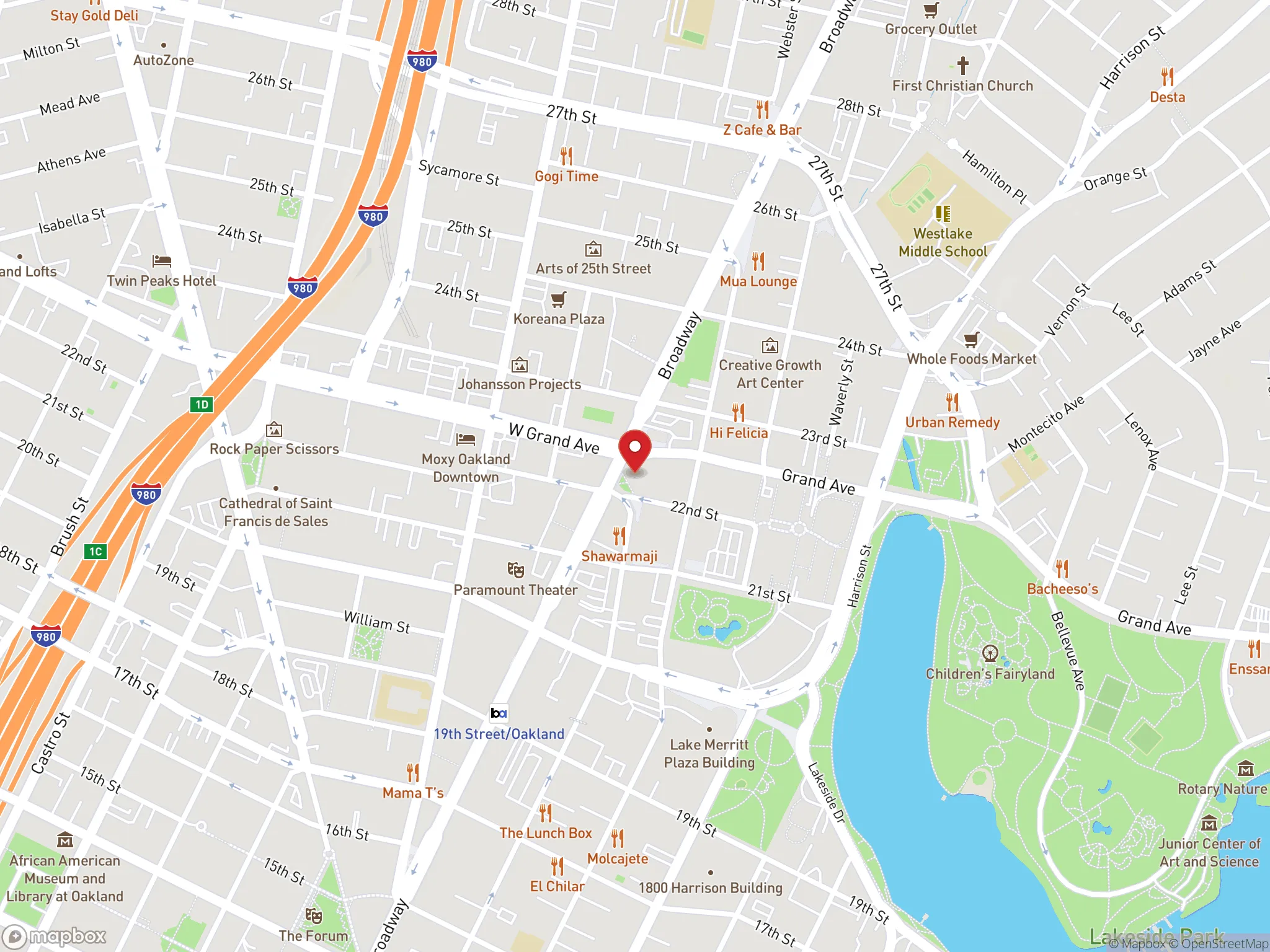 Map showing location of Dave's Hot Chicken restaurant in Oakland, California.