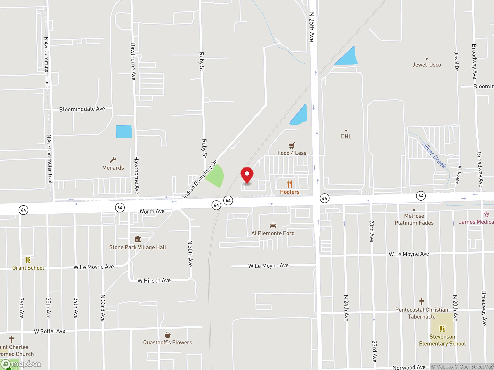 Map showing the location of a Dave's Hot Chicken restaurant on North Avenue in Melrose Park, Illinois.