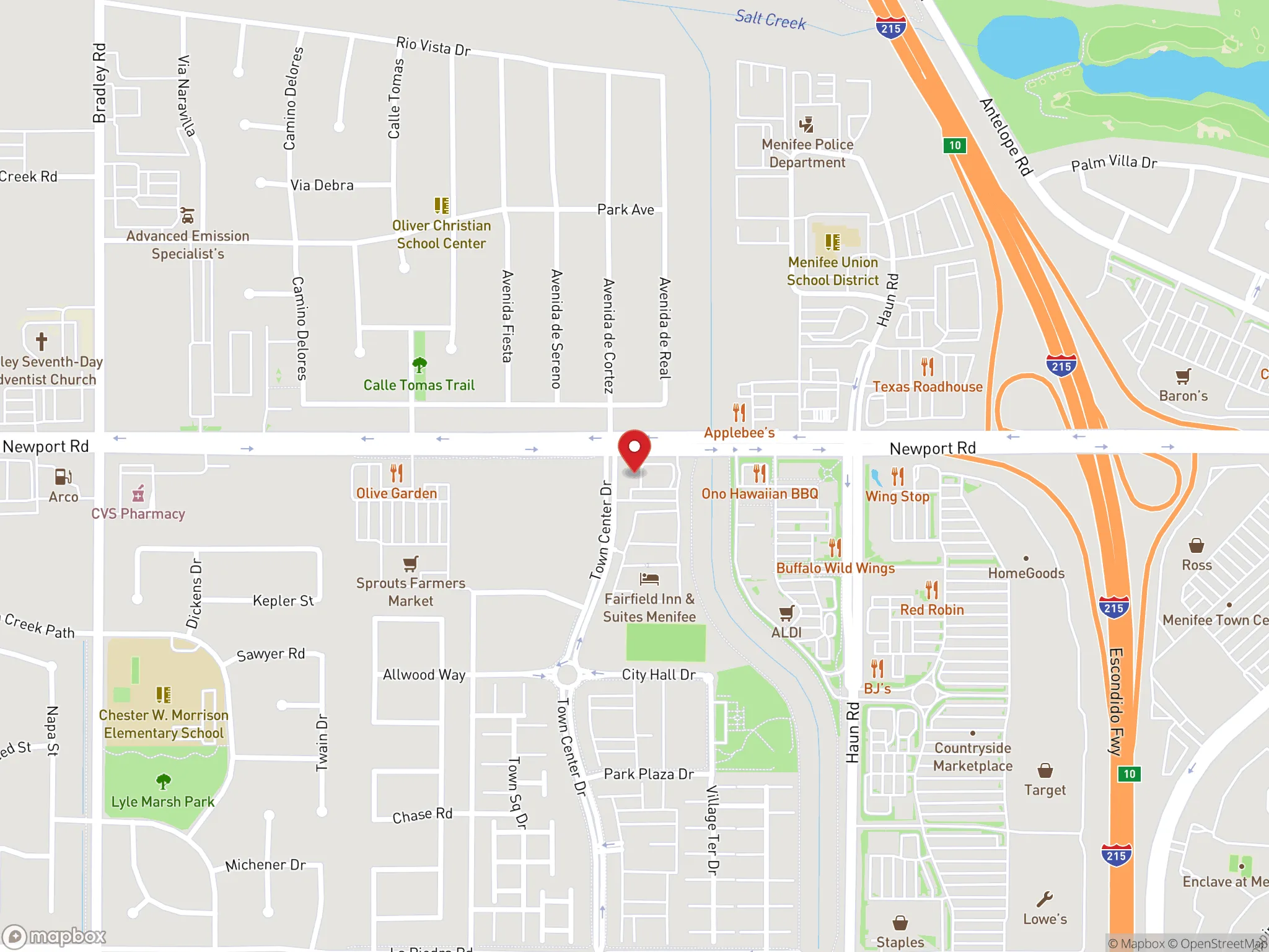 Map showing location of Dave's Hot Chicken in Menifee, California.