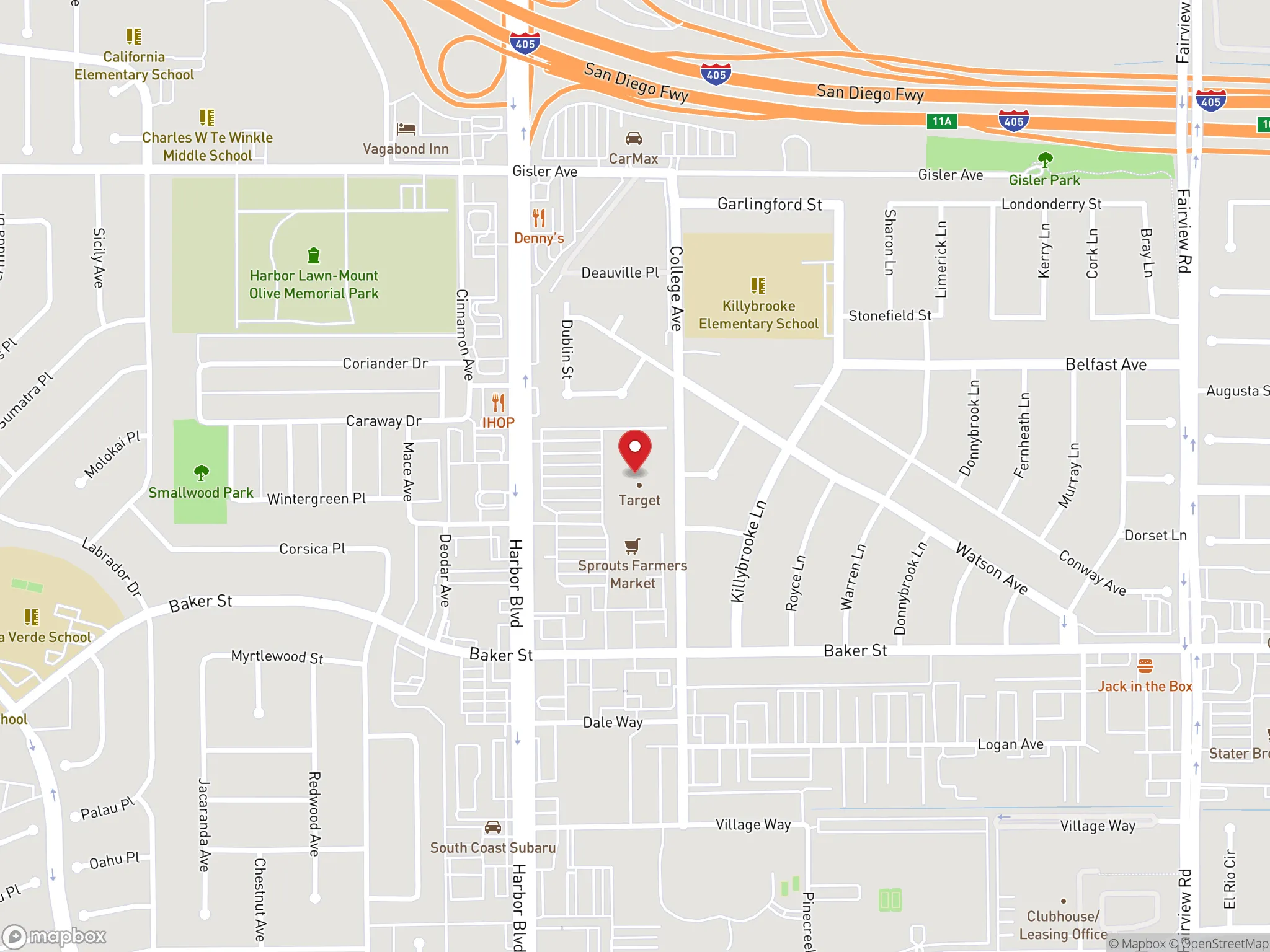 Map showing the location of Dave's Hot Chicken on Harbor Boulevard in Costa Mesa, CA