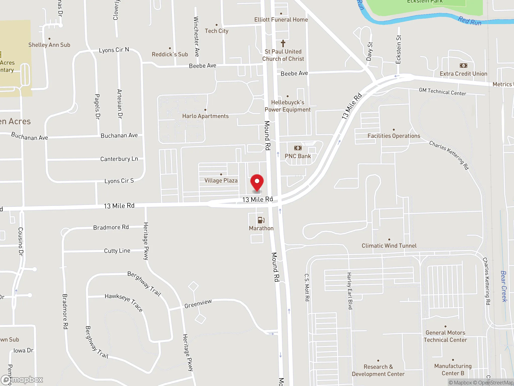 Map showing the location of a Dave's Hot Chicken restaurant on Mound Road in Warren, MI.