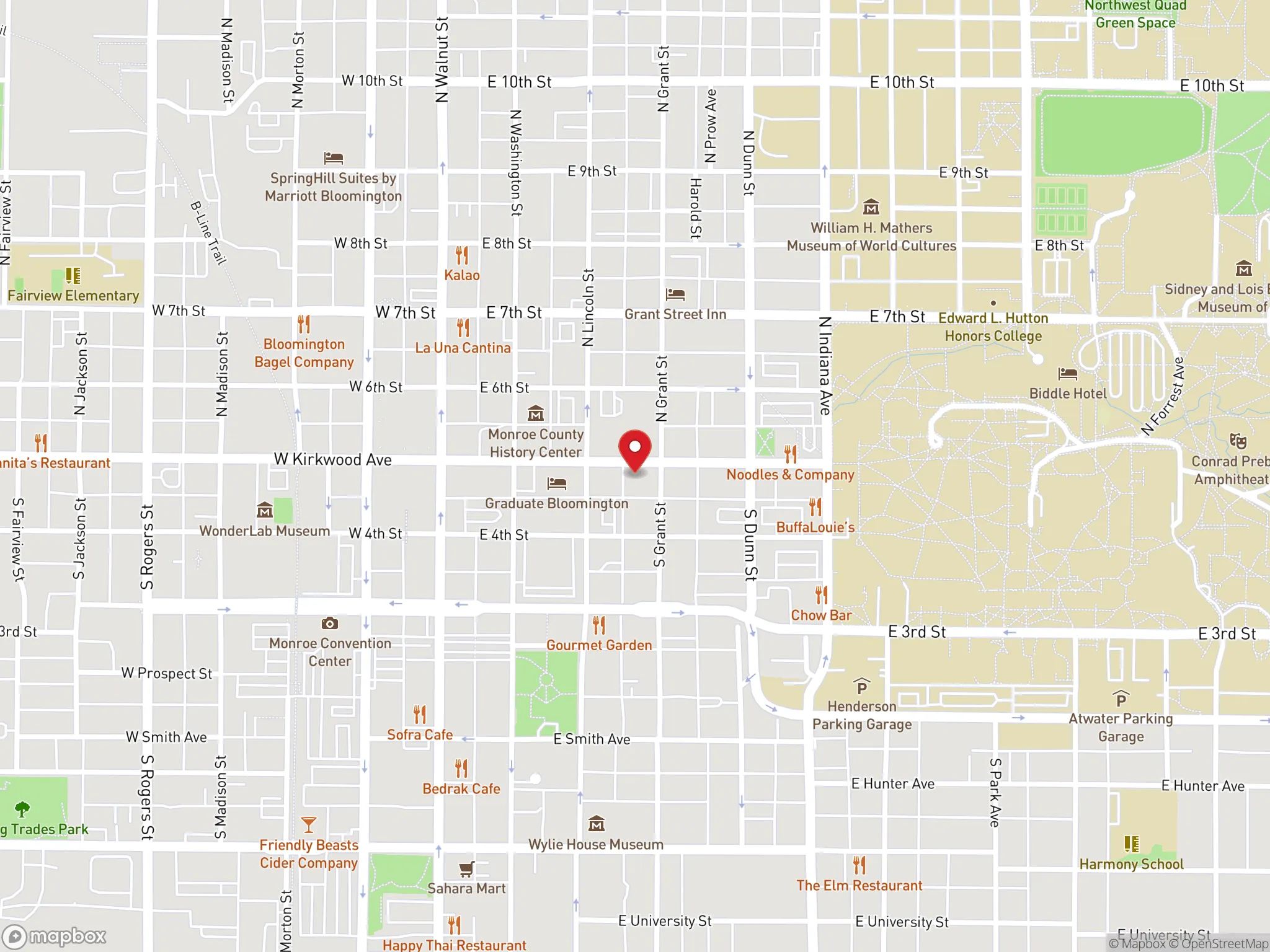 Map showing the location of a Dave's Hot Chicken restaurant on Kirkwood Avenue in Bloomington, Indiana.