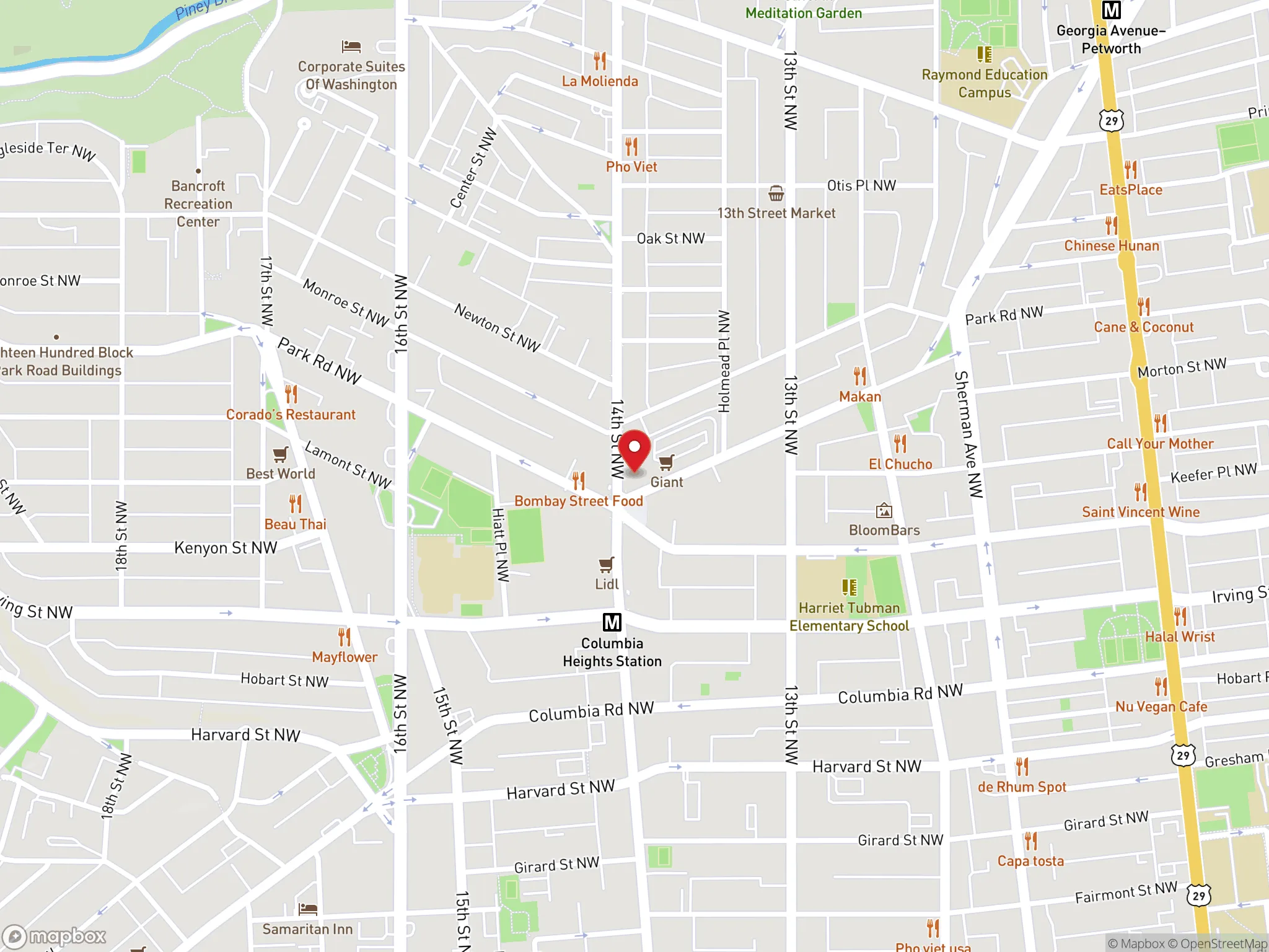 Map showing the location of a Dave's Hot Chicken restaurant on 14th Street Northwest in Washington, DC.