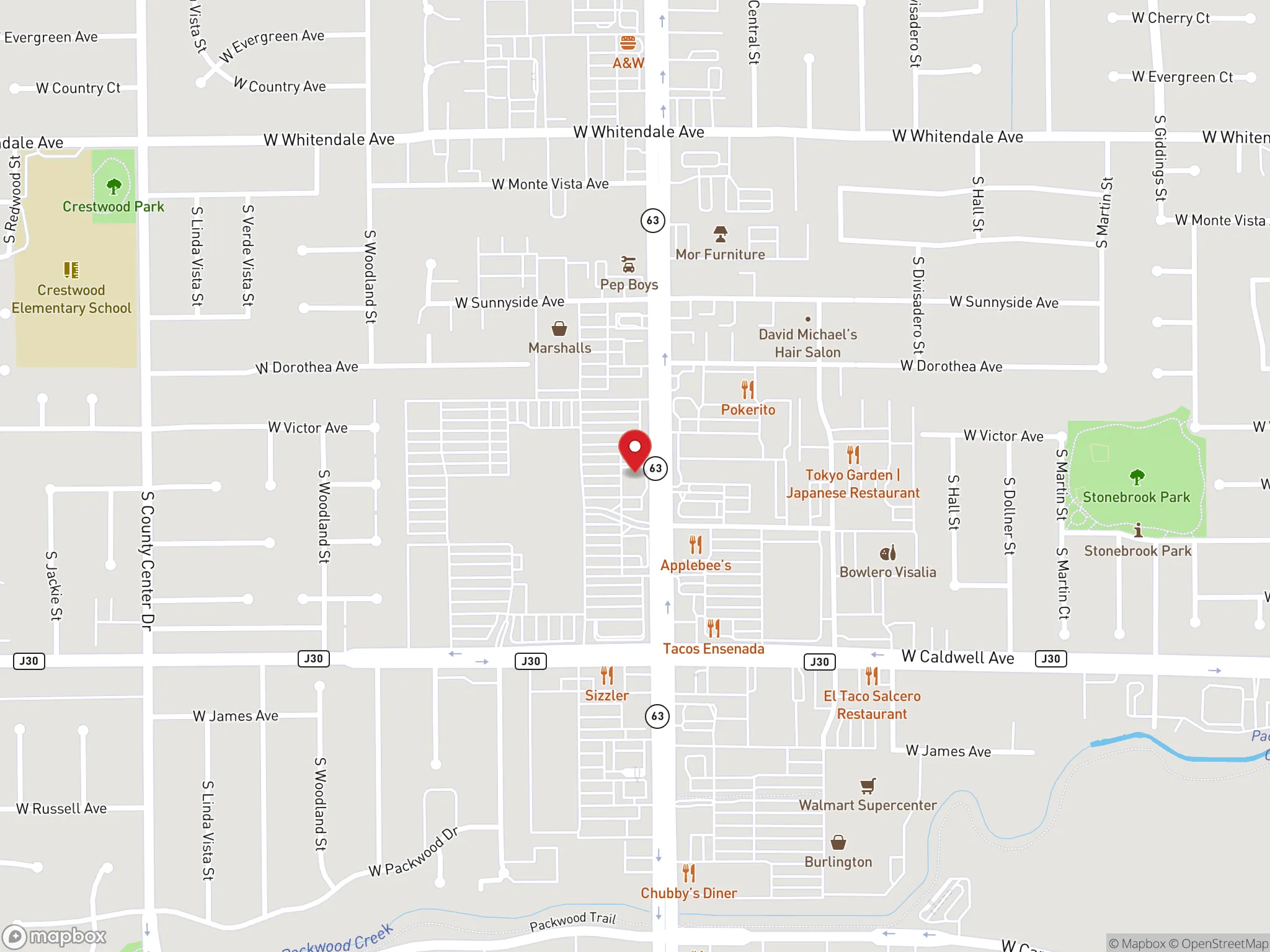Map showing location of Dave's Hot Chicken in Visalia, California.