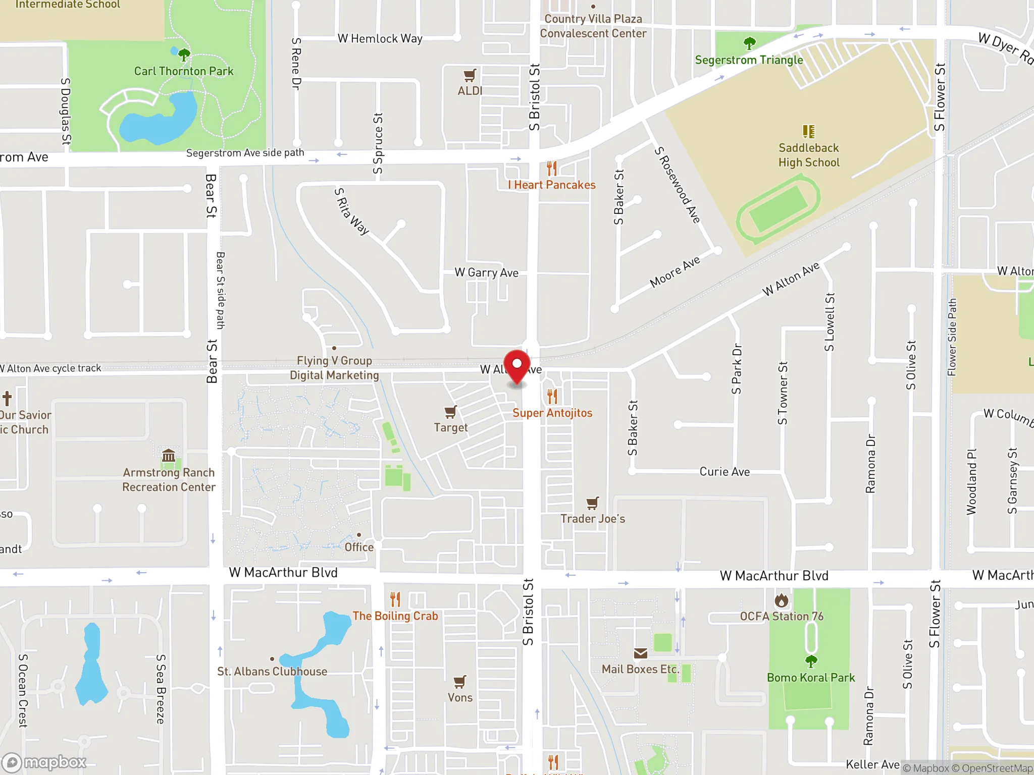 Map showing location of a Dave's Hot Chicken restaurant on South Bristol Street in Santa Ana, California.