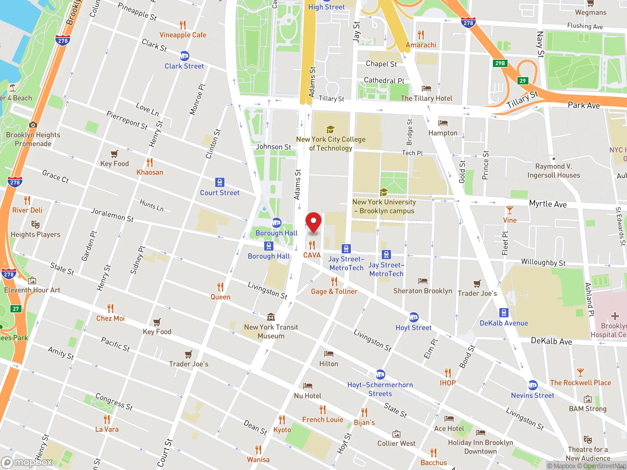 Map showing location of a Dave's Hot Chicken restaurant on Adams Street in Brooklyn, New York.