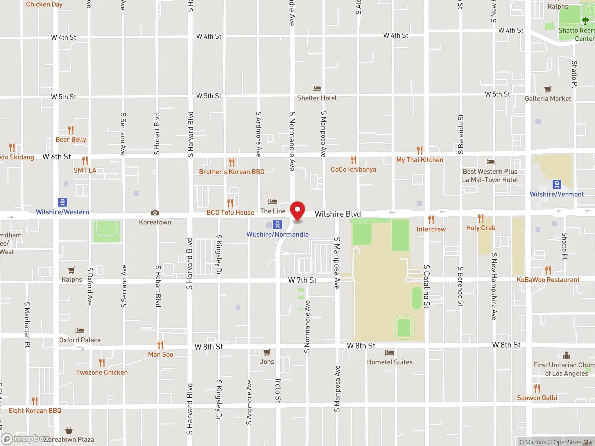 Map showing the location of Dave's Hot Chicken at 3462 Wilshire Boulevard in Los Angeles.