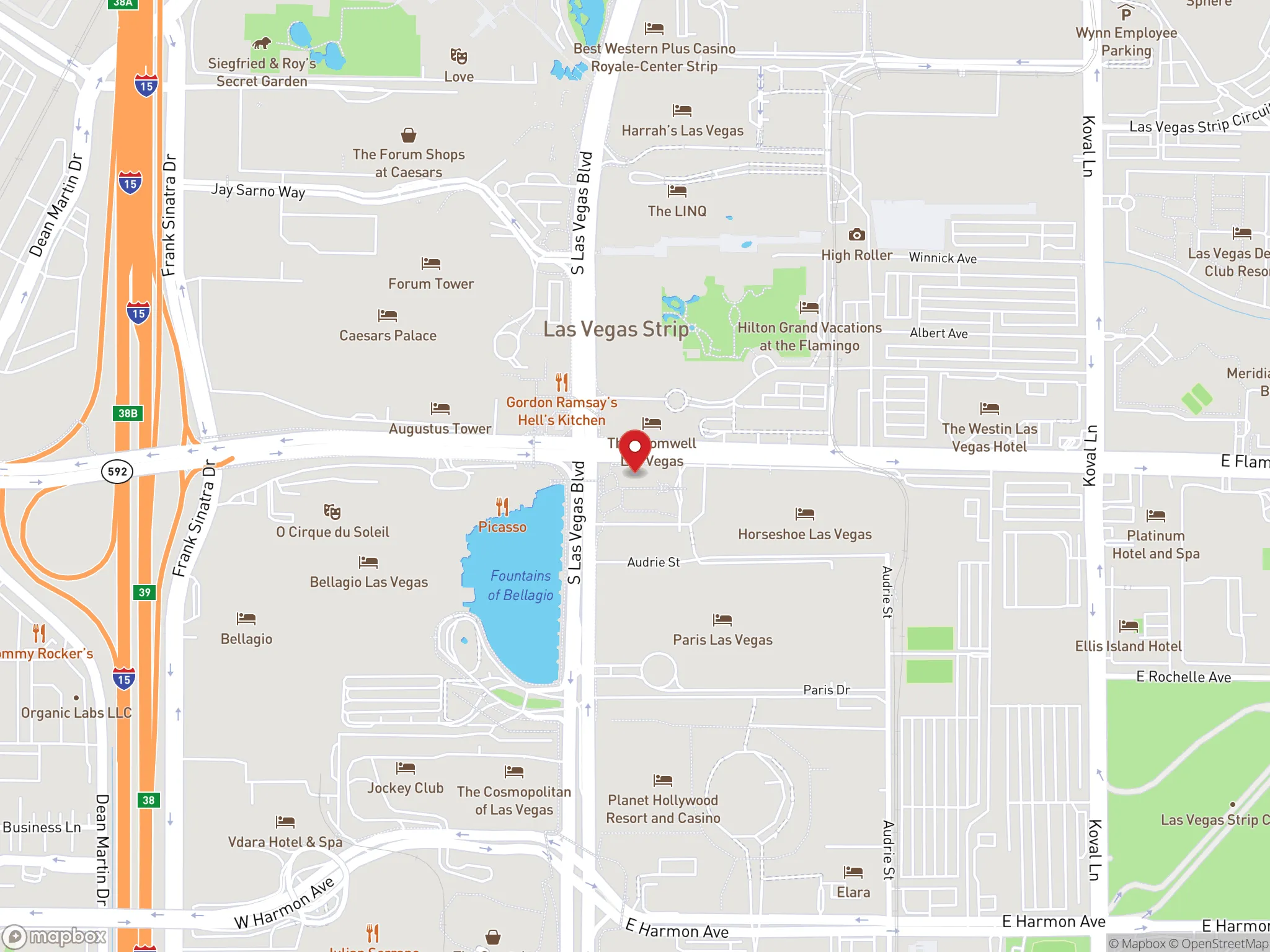 Map showing the location of a Dave's Hot Chicken restaurant on South Las Vegas Boulevard in Las Vegas, Nevada.
