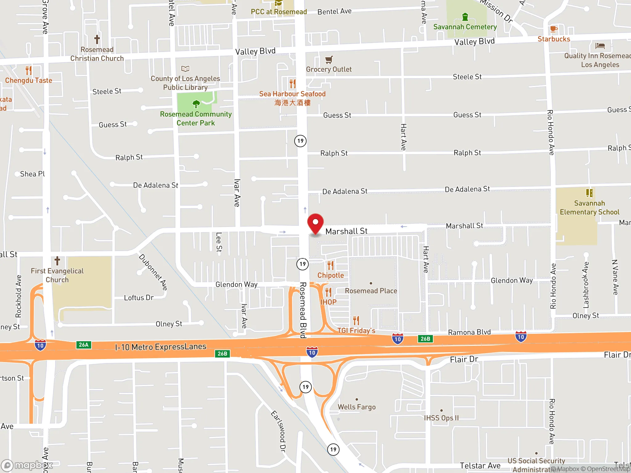 Map showing the location of Dave's Hot Chicken in Rosemead, California.