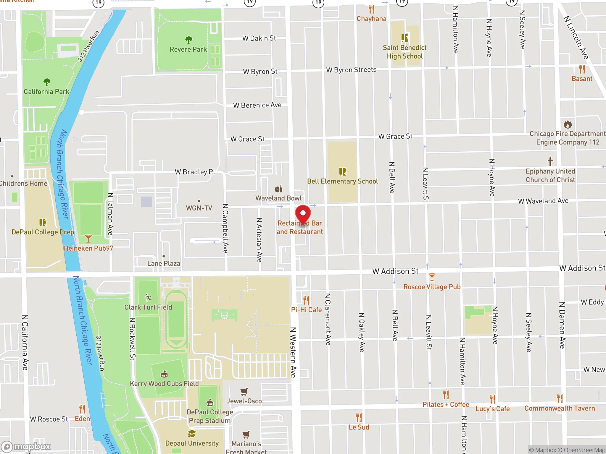 Map showing the location of a Dave's Hot Chicken restaurant on North Western Avenue in Chicago, IL.