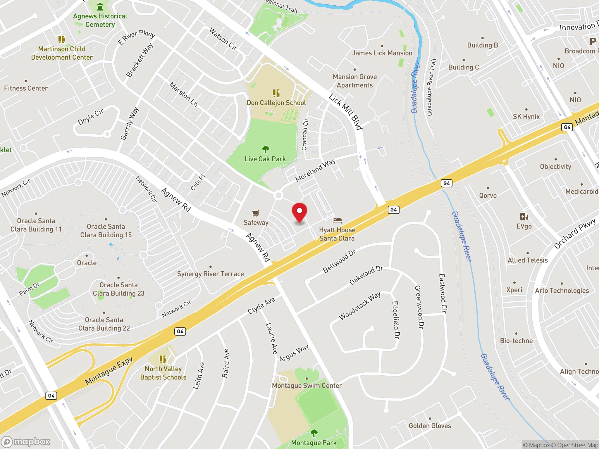 Map showing location of Dave's Hot Chicken restaurant in Santa Clara, California.