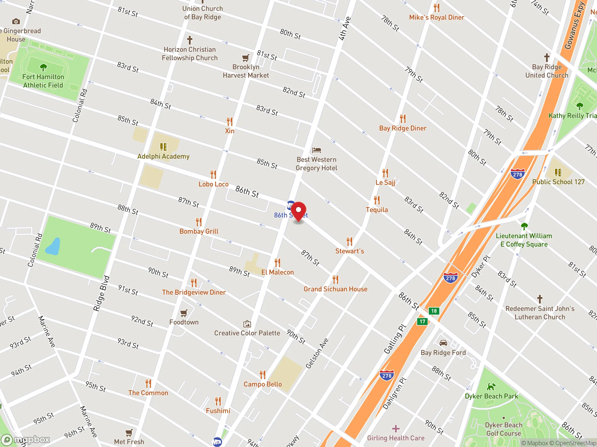 Map showing the location of a Dave's Hot Chicken restaurant on 86th Street in Brooklyn, New York.