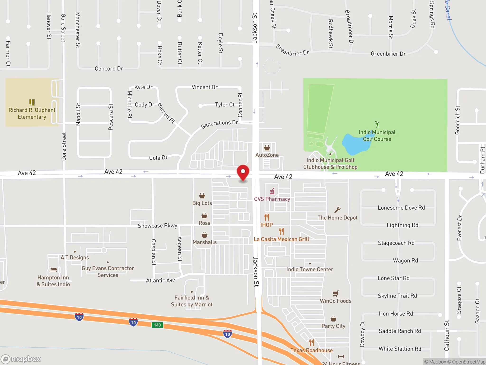 Map showing the location of Dave's Hot Chicken in Indio, California.