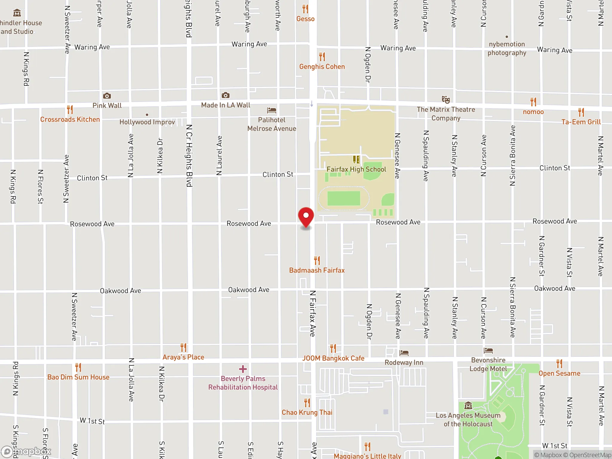 Map showing the location of Dave's Hot Chicken on Fairfax Avenue in Los Angeles, CA