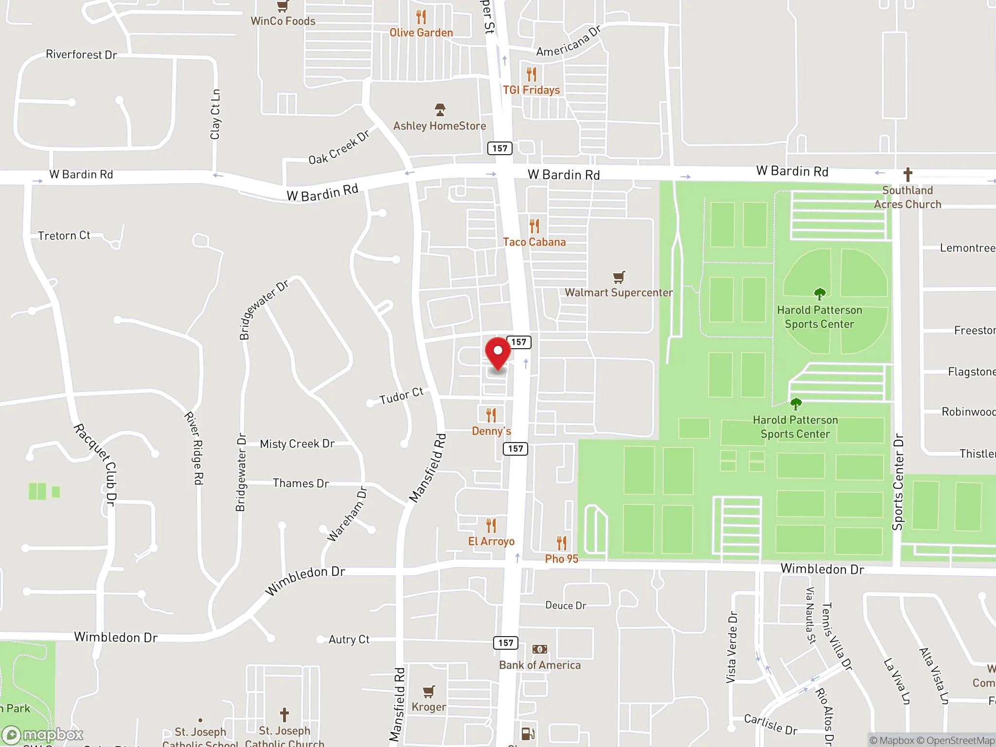 Map showing the location of a Dave's Hot Chicken restaurant on South Cooper Street in Arlington, Texas.