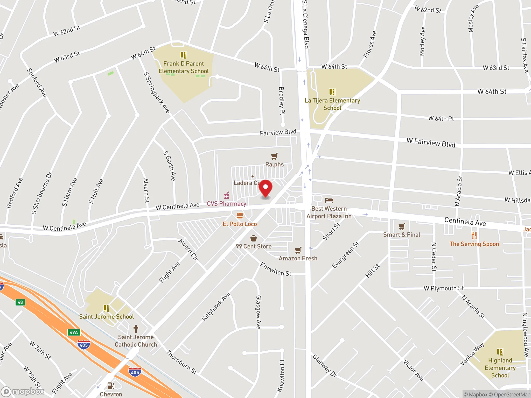 Map showing the location of Dave's Hot Chicken at 5301 West Centinela Avenue in Los Angeles.