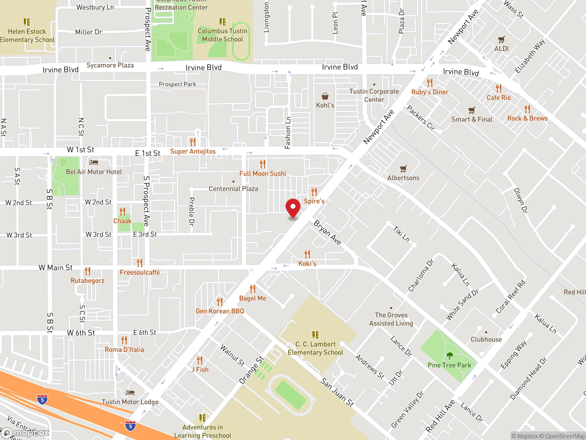 Map showing location of Dave's Hot Chicken restaurant in Tustin, California.