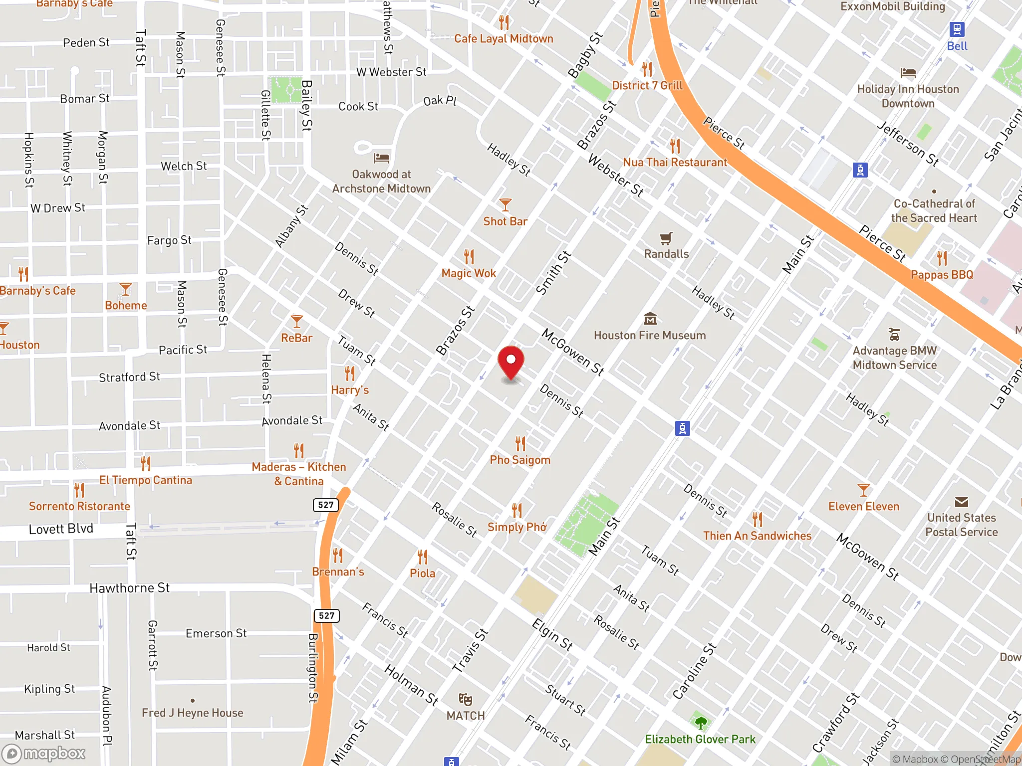 Map showing the location of a Dave's Hot Chicken restaurant on Dennis Street in Houston, Texas.