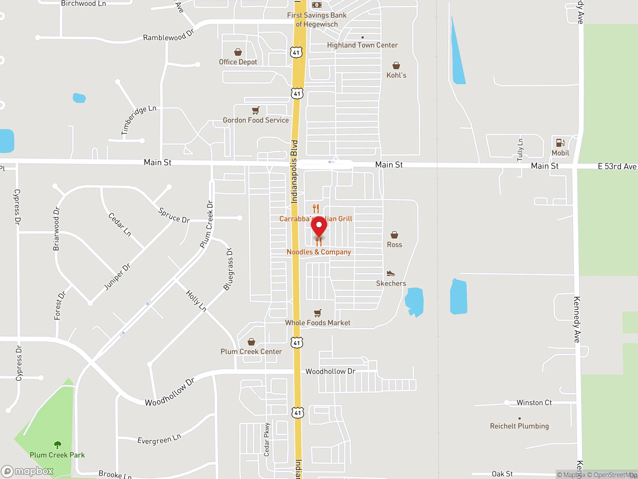Map showing location of a Dave's Hot Chicken restaurant on US Highway 41 in Schererville, Indiana.