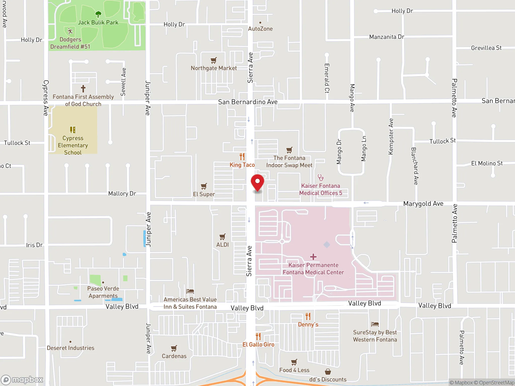 Map showing location of Dave's Hot Chicken restaurant in Fontana, California.