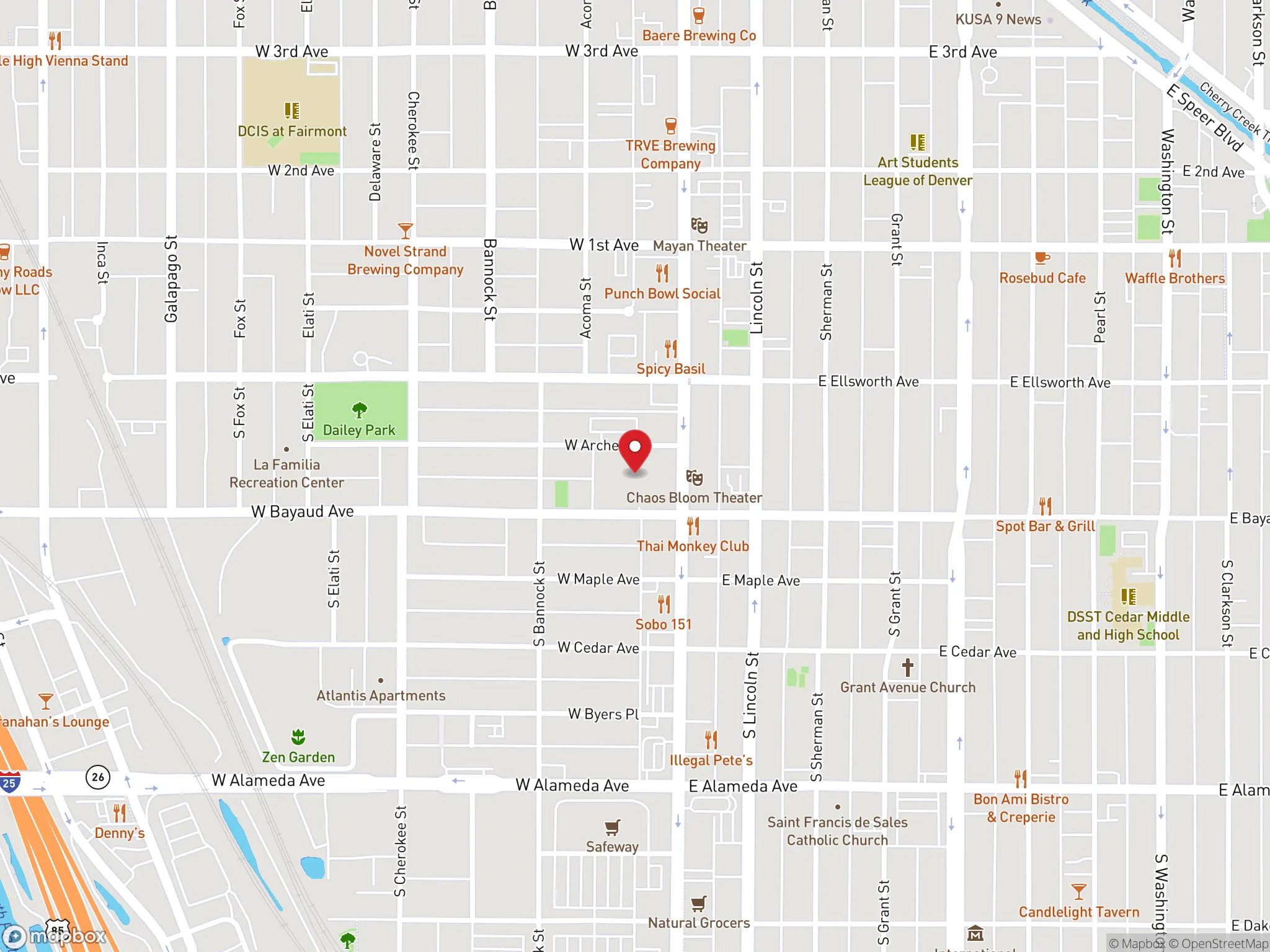 Map showing the location of a Dave's Hot Chicken restaurant on South Broadway in Denver.