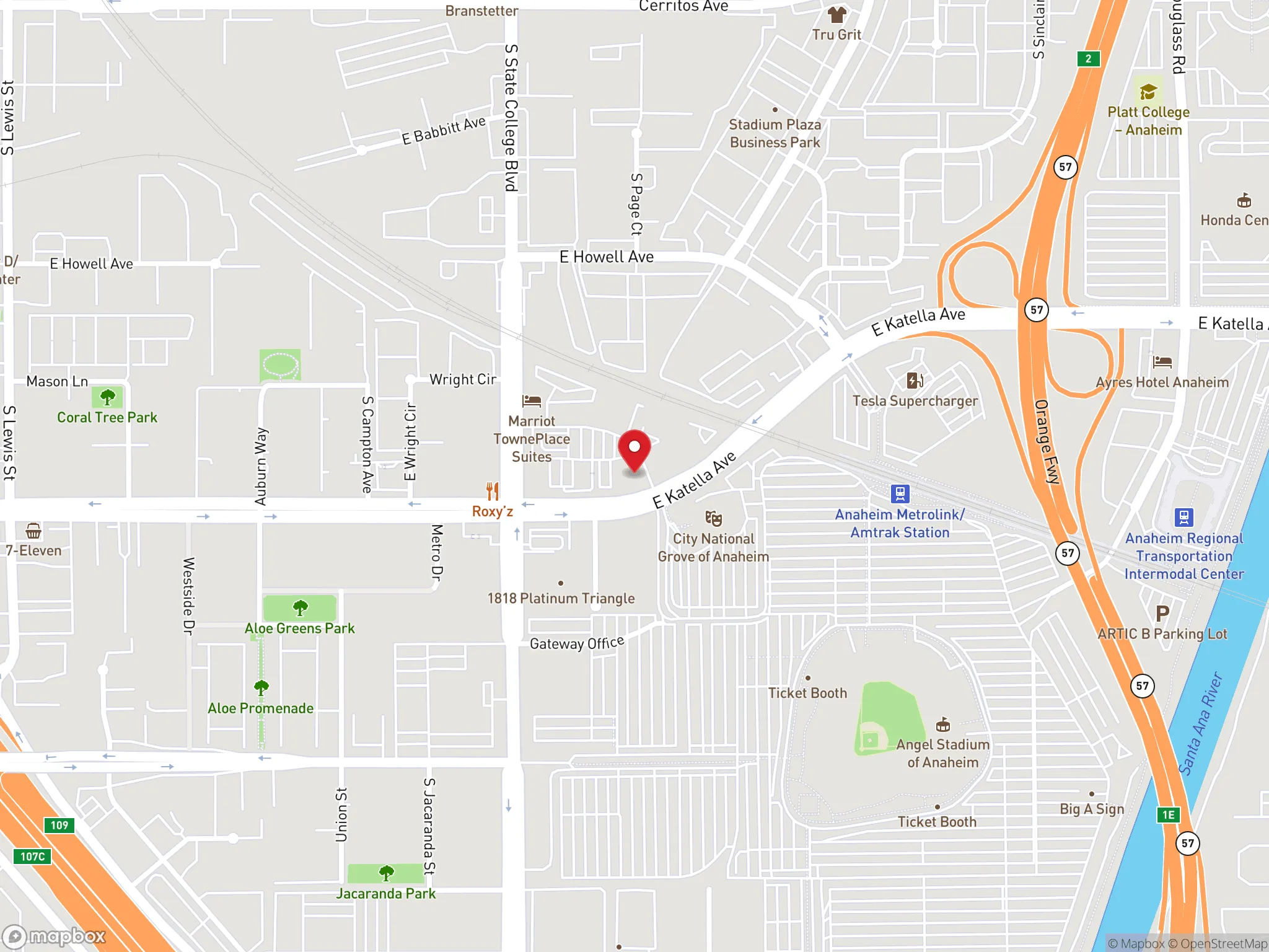 Map showing the location of a Dave's Hot Chicken restaurant in Anaheim, California.