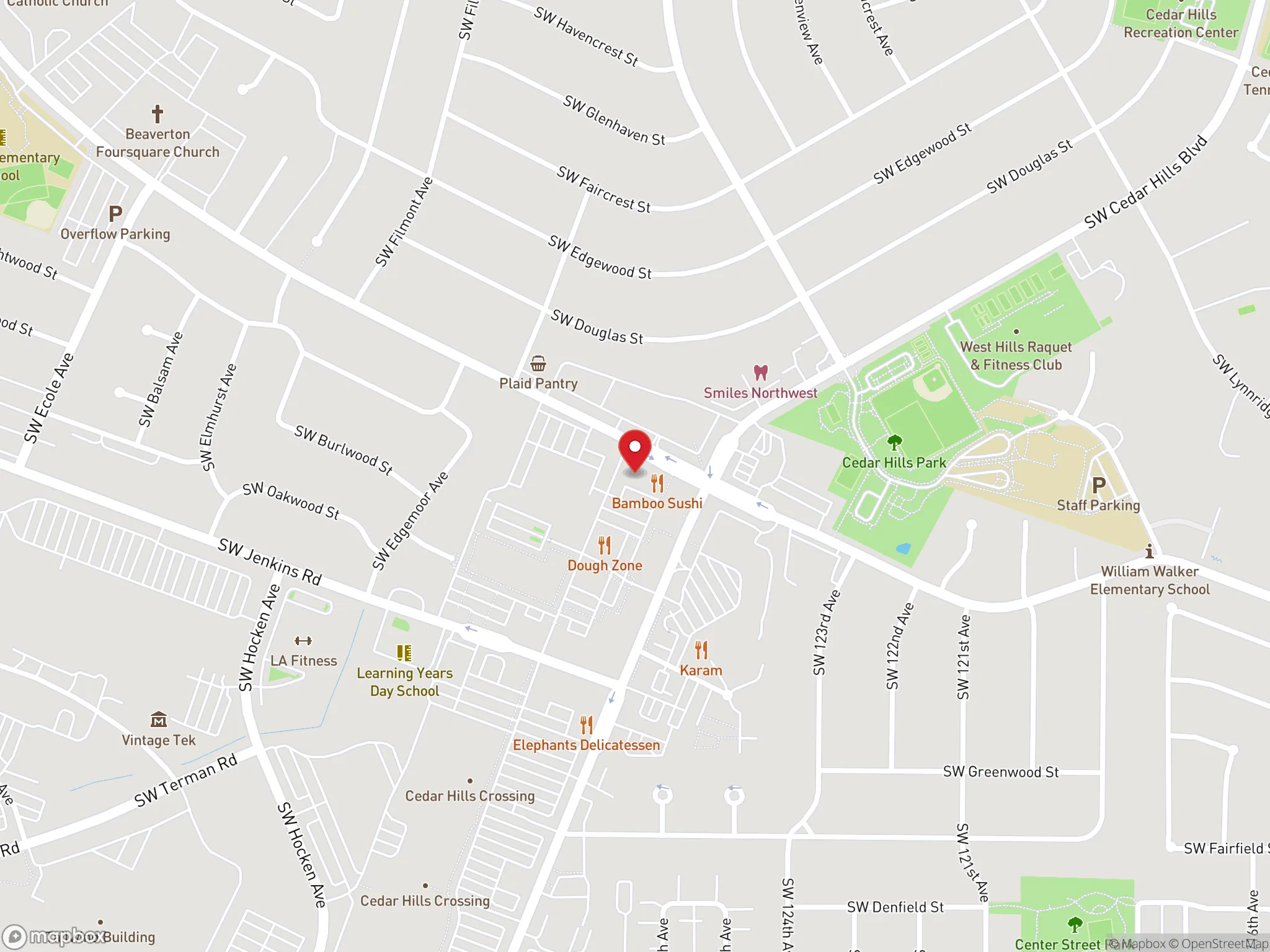 Map showing the location of a Dave's Hot Chicken restaurant on Southwest Cedar Hills Blvd in Beaverton.