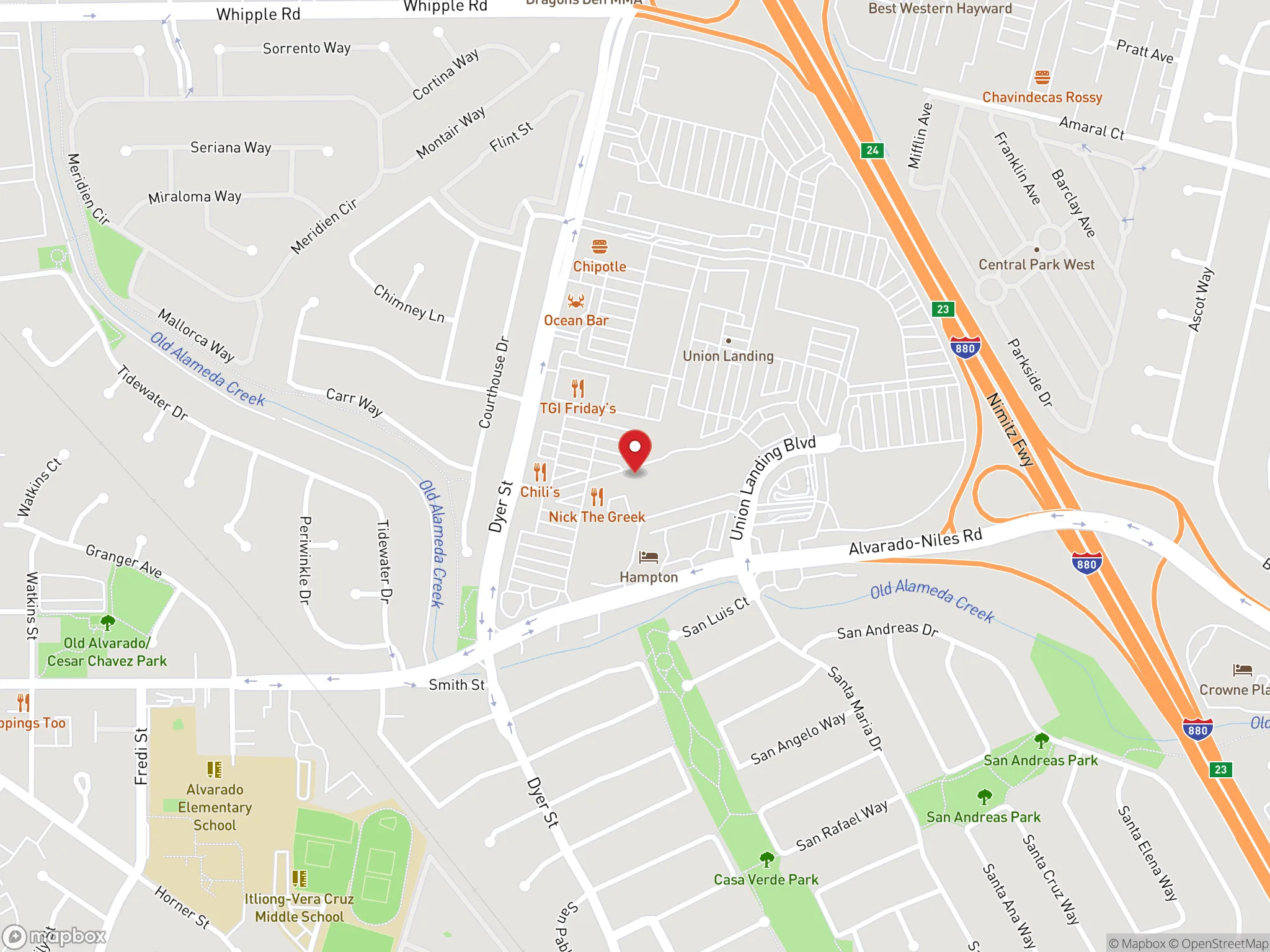 Map showing the location of a Dave's Hot Chicken restaurant in Union City, California.