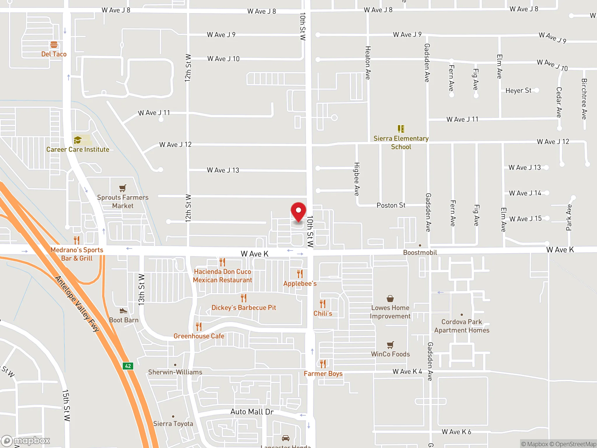 Map showing the location of a Dave's Hot Chicken restaurant in Lancaster, California.