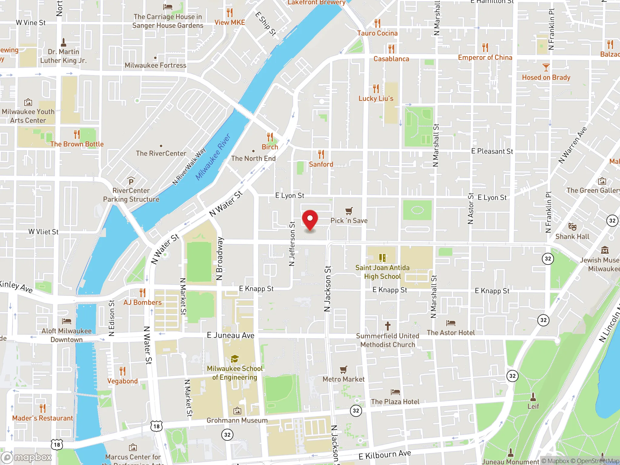 Map showing the location of a Dave's Hot Chicken restaurant on East Ogden Avenue in Milwaukee, Wisconsin.