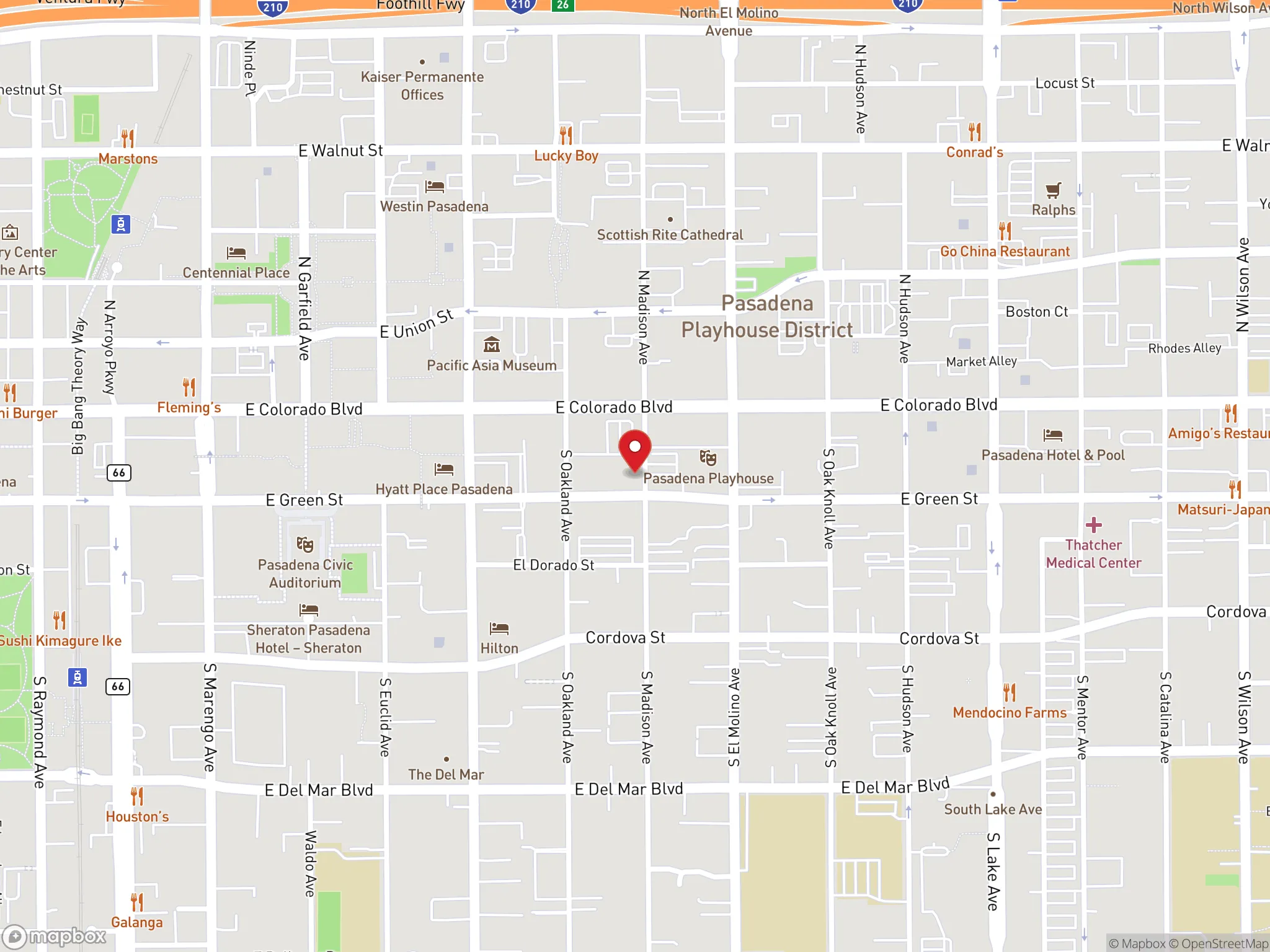 Map showing location of Dave's Hot Chicken restaurant in Pasadena, California.