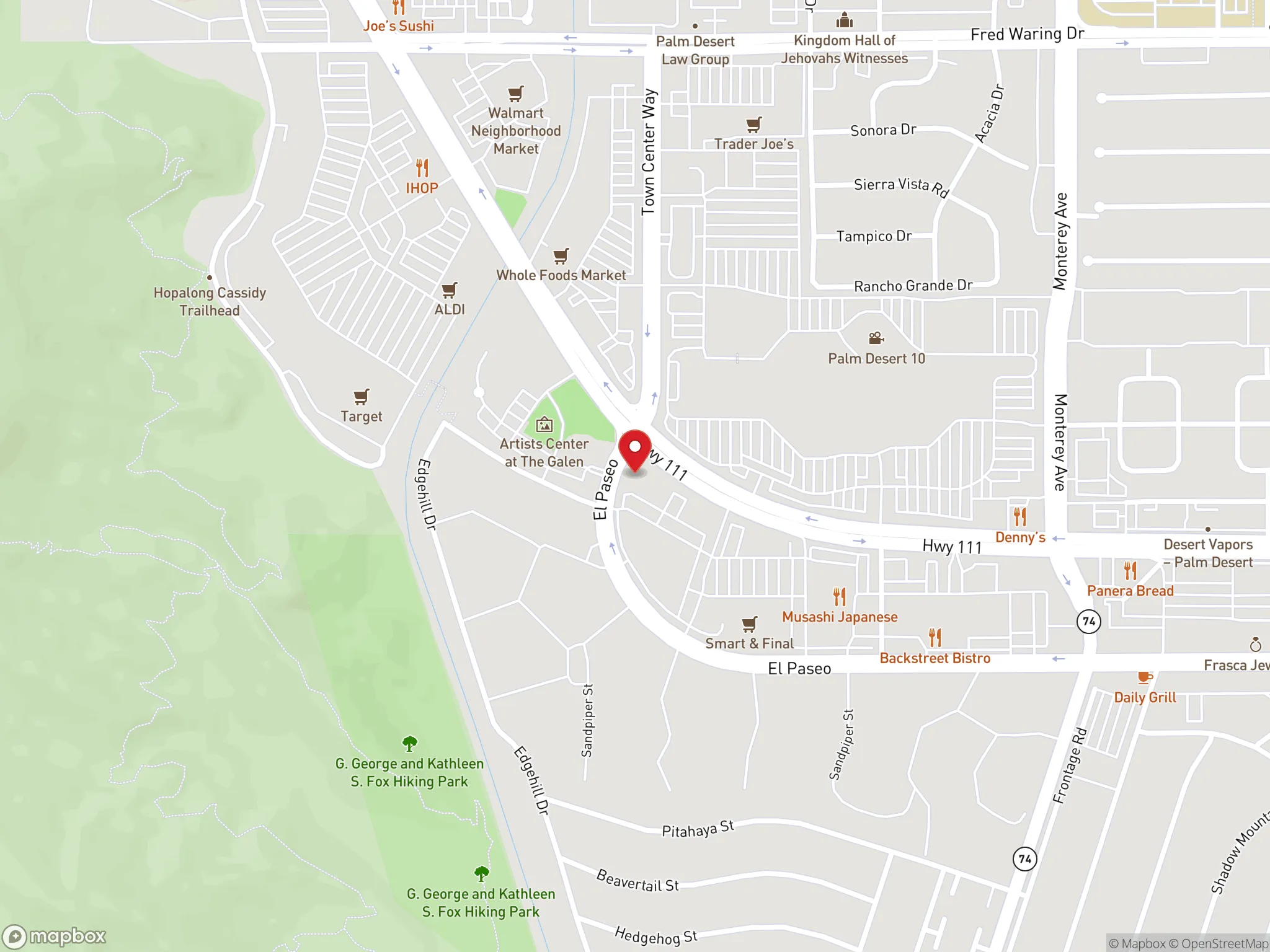 Map showing the location of a Dave's Hot Chicken restaurant in Palm Desert, California.