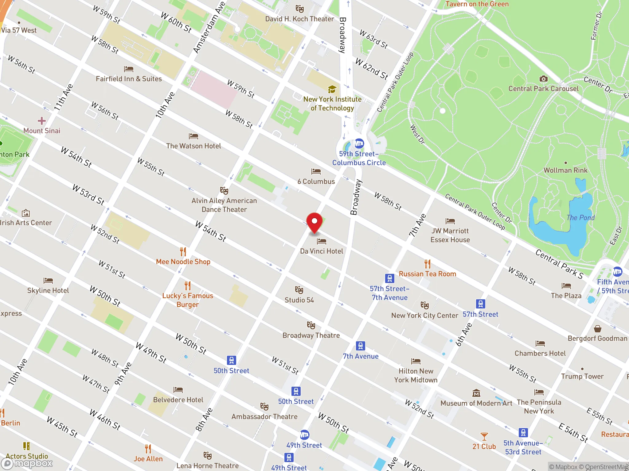 Map showing the location of a Dave's Hot Chicken restaurant on 8th Avenue in New York City.