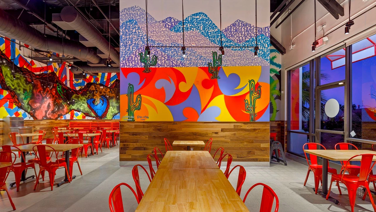 Interior view of Dave's Hot Chicken in Palm Desert, California, featuring a striking mural that combines abstract designs with vibrant colors and desert motifs. A large communal wooden table is surrounded by bright red chairs, set against a backdrop of colorful walls adorned with bold, geometric shapes and stylized cactus illustrations. The restaurant's atmosphere is modern and inviting, with natural light streaming in from large windows.